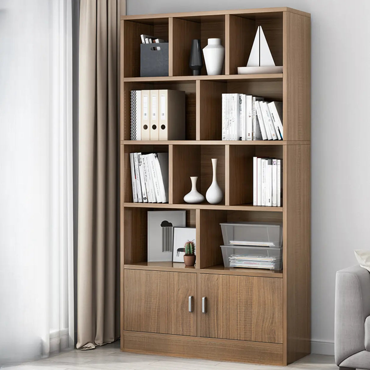 Classic Closed Back Vertical Wood Storage Tall Bookcase Image - 15
