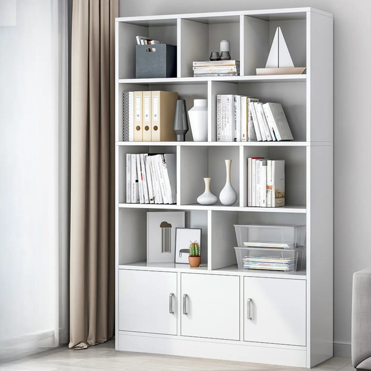 Classic Closed Back Vertical Wood Storage Tall Bookcase Image - 25