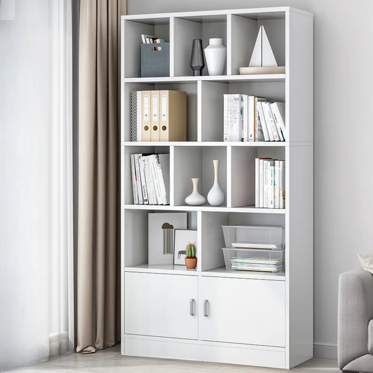 Classic Closed Back Vertical Wood Storage Tall Bookcase Image - 27