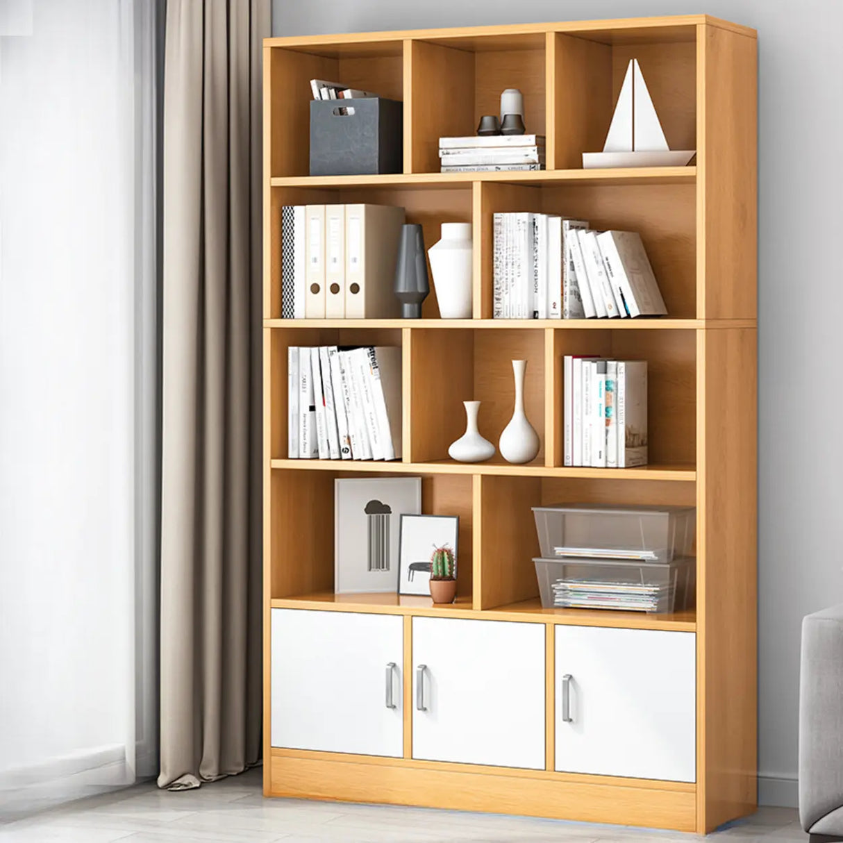 Classic Closed Back Vertical Wood Storage Tall Bookcase Image - 31