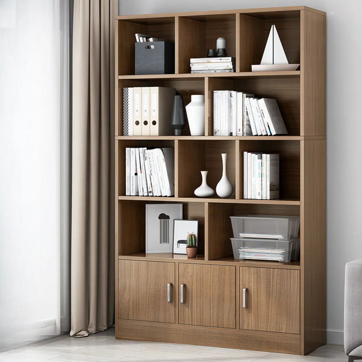 Classic Closed Back Vertical Wood Storage Tall Bookcase Image - 7