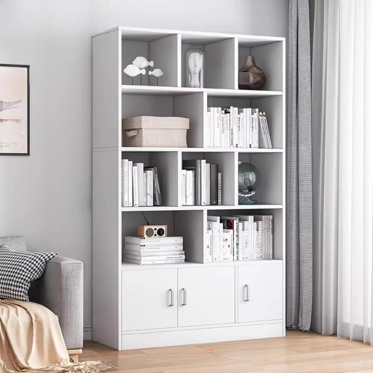 Classic Closed Back Vertical Wood Storage Tall Bookcase Image - 8
