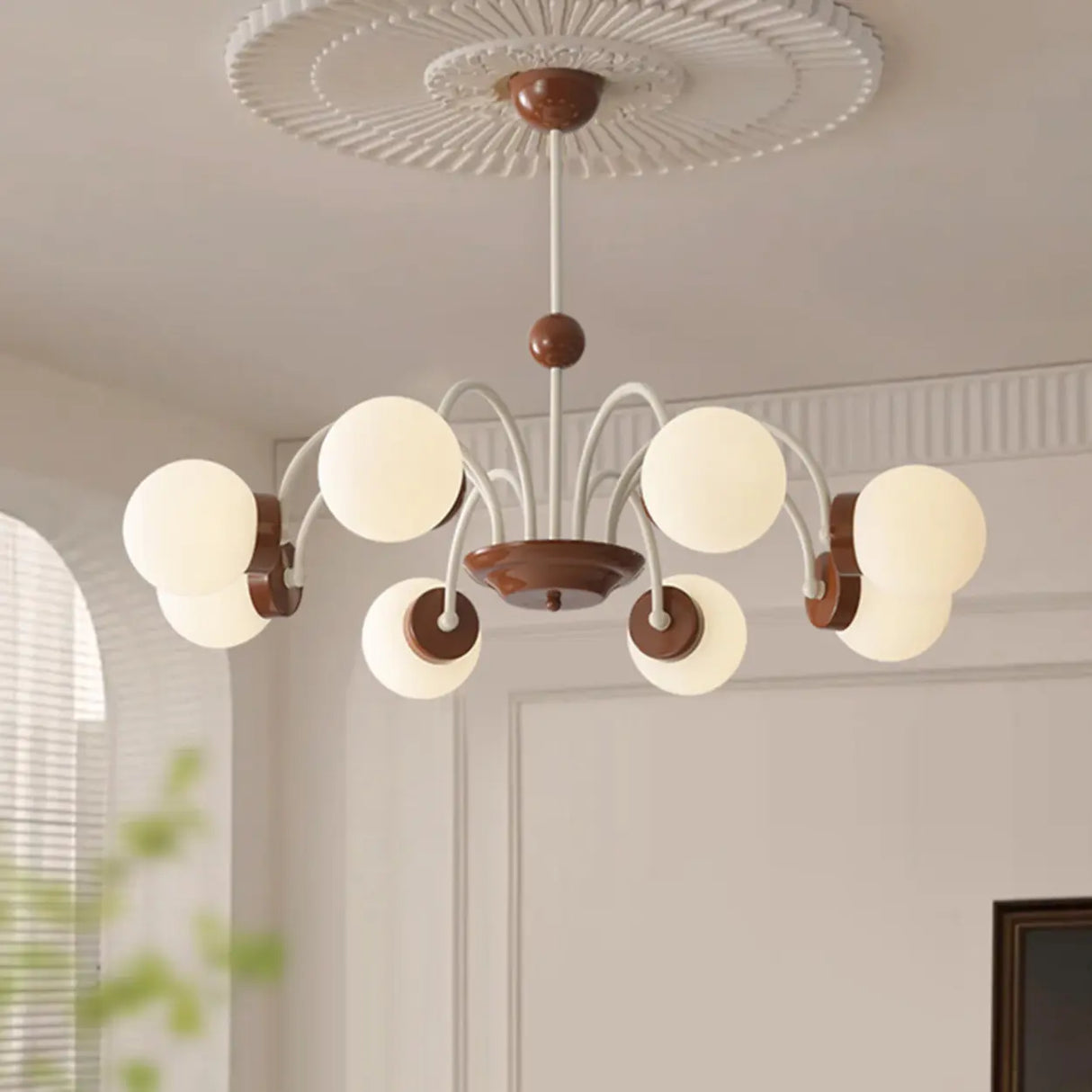 Classic Coffee Wooden Sphere Chandelier for Living Room Image - 4