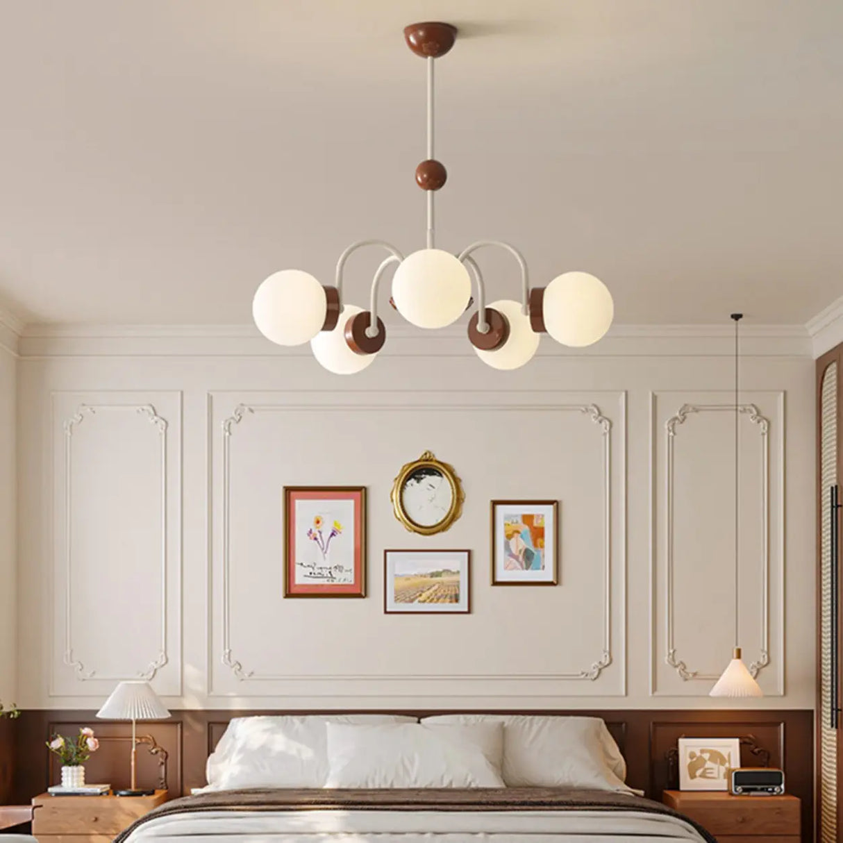 Classic Coffee Wooden Sphere Chandelier for Living Room Image - 5