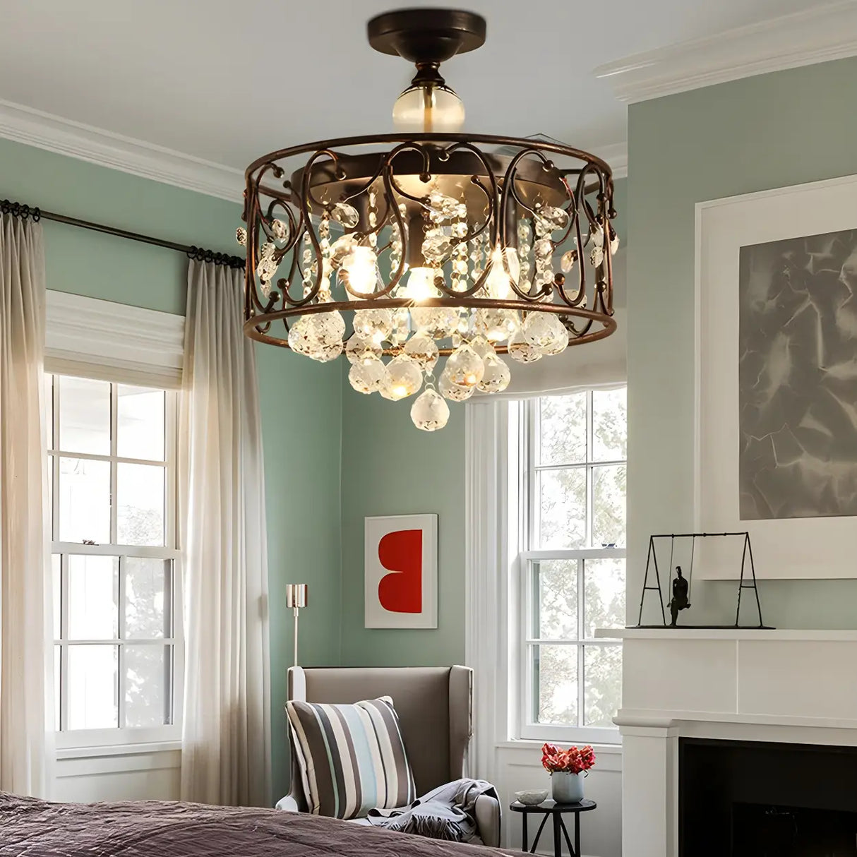Classic Copper Cage Crystal Ball Semi-Flush Mount Light Image - 3