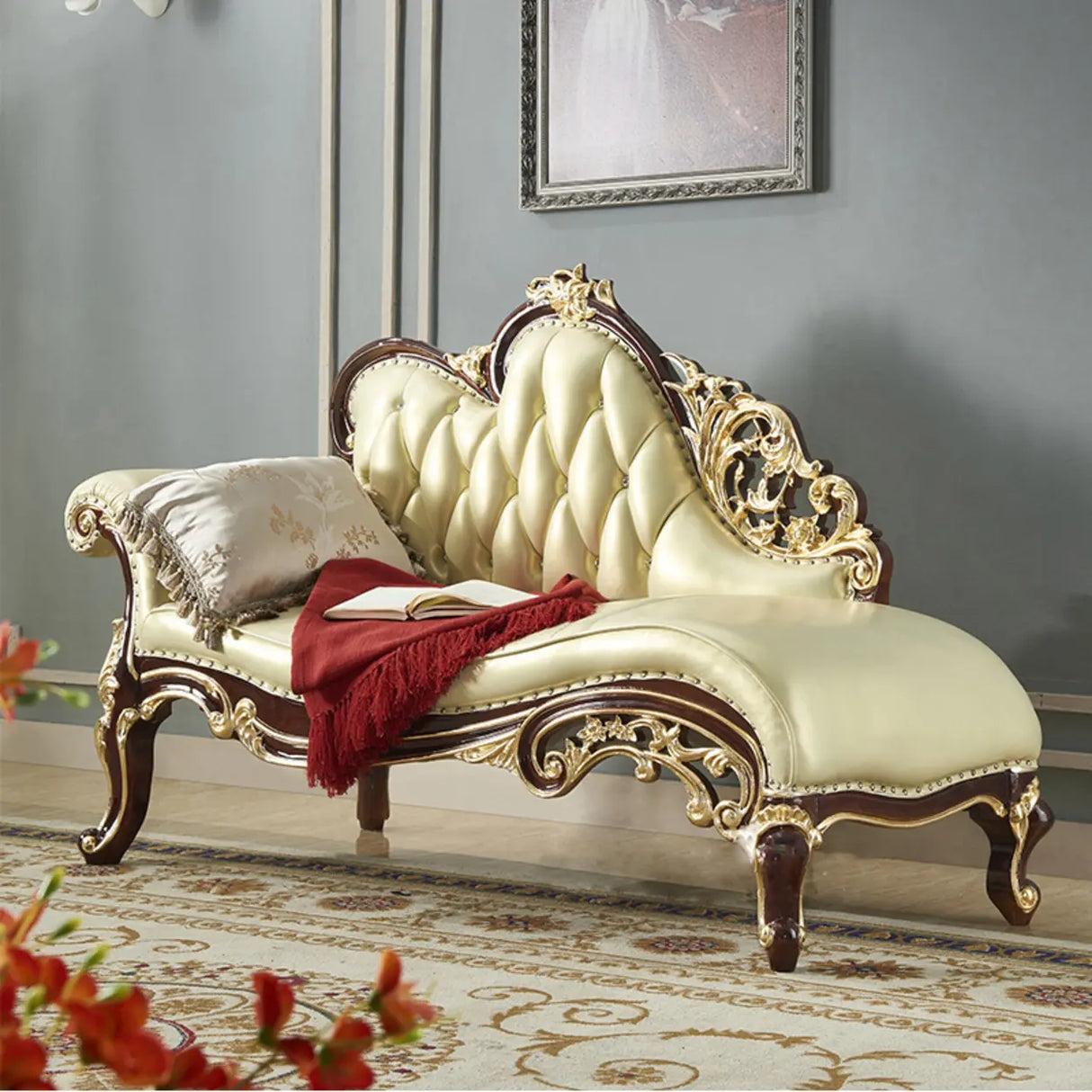 Classic Curved Tufted Reclining Leather Chaise Lounge Sofa Image - 3