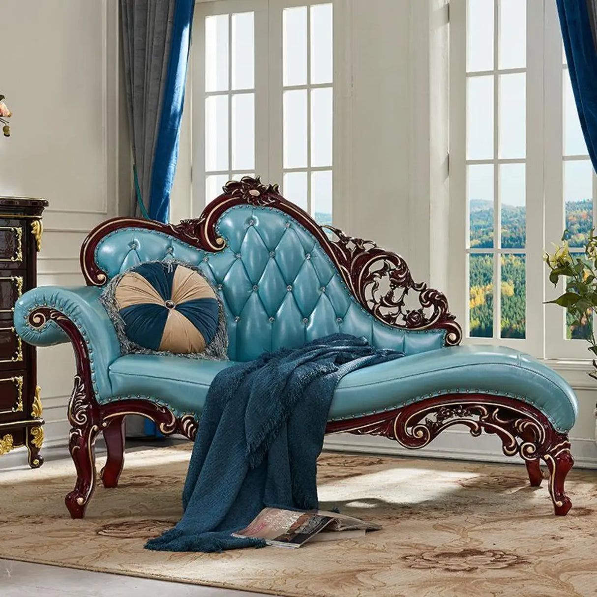 Classic Curved Tufted Reclining Leather Chaise Lounge Sofa Image - 4