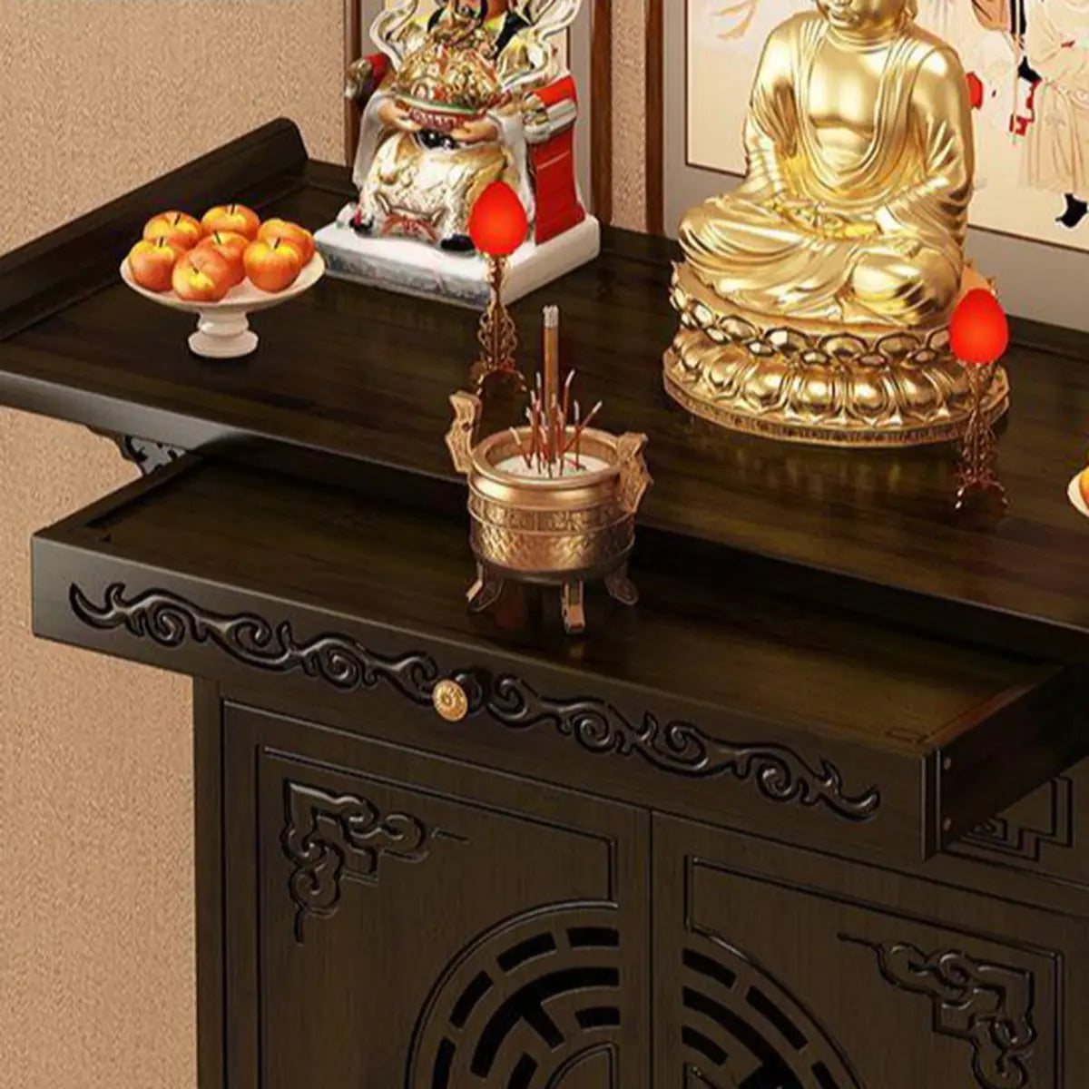 Classic Dark Wood Console Table with Drawers and Cabinet Image - 8