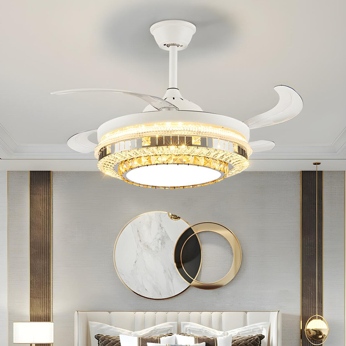 Classic Elegant Round Crystal Ceiling Fan with Light Image - 20