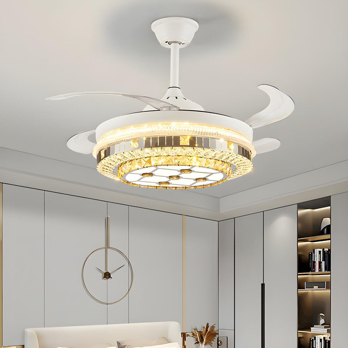 Classic Elegant Round Crystal Ceiling Fan with Light Image - 3