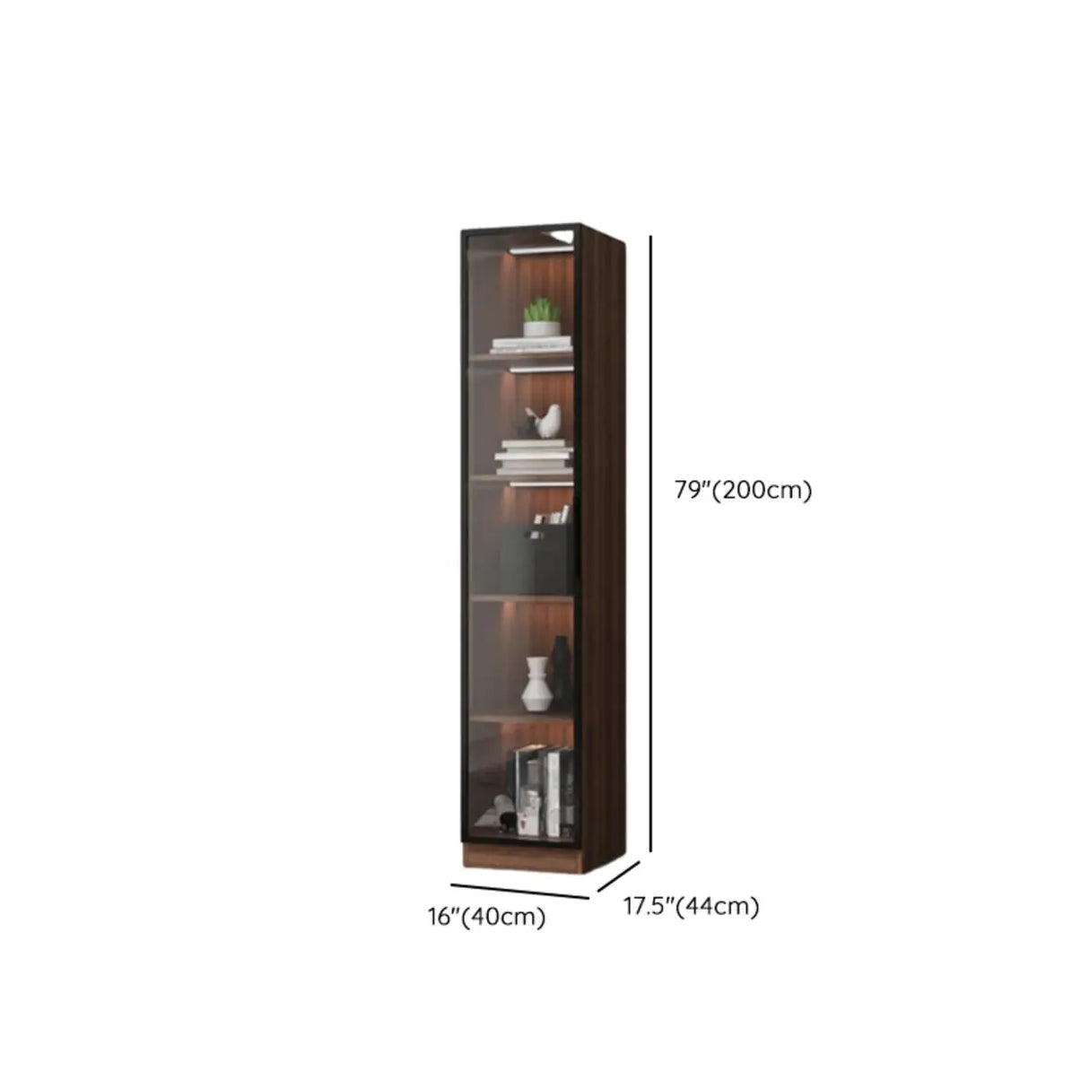 Classic Espresso Vertical Glass Wood Narrow Bookcase 