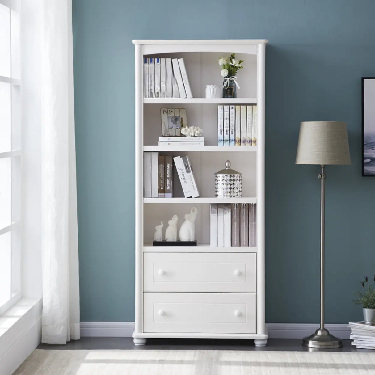 Classic French White Rectangular Wood Storage Bookcase Image - 11
