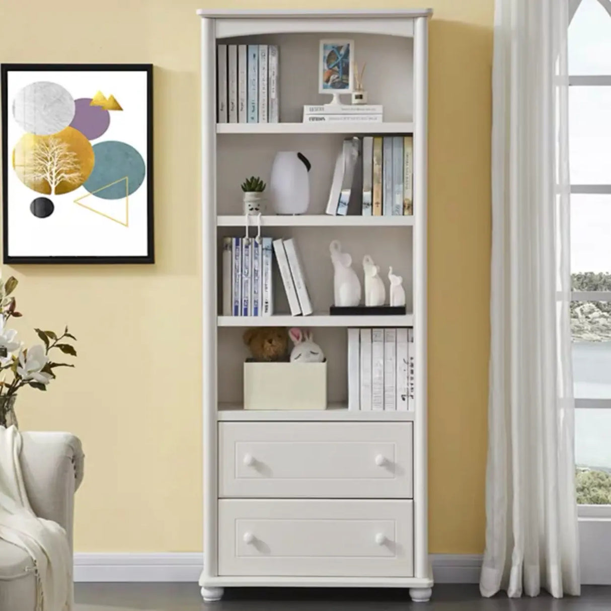 Classic French White Rectangular Wood Storage Bookcase Image - 16