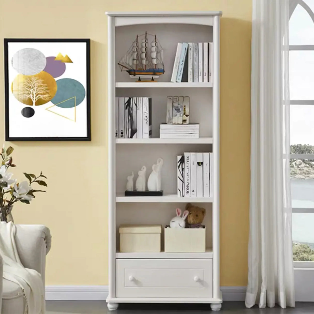 Classic French White Rectangular Wood Storage Bookcase Image - 3
