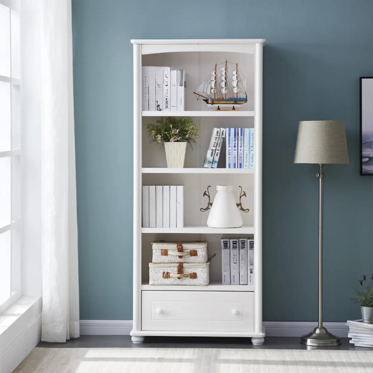 Classic French White Rectangular Wood Storage Bookcase Image - 4