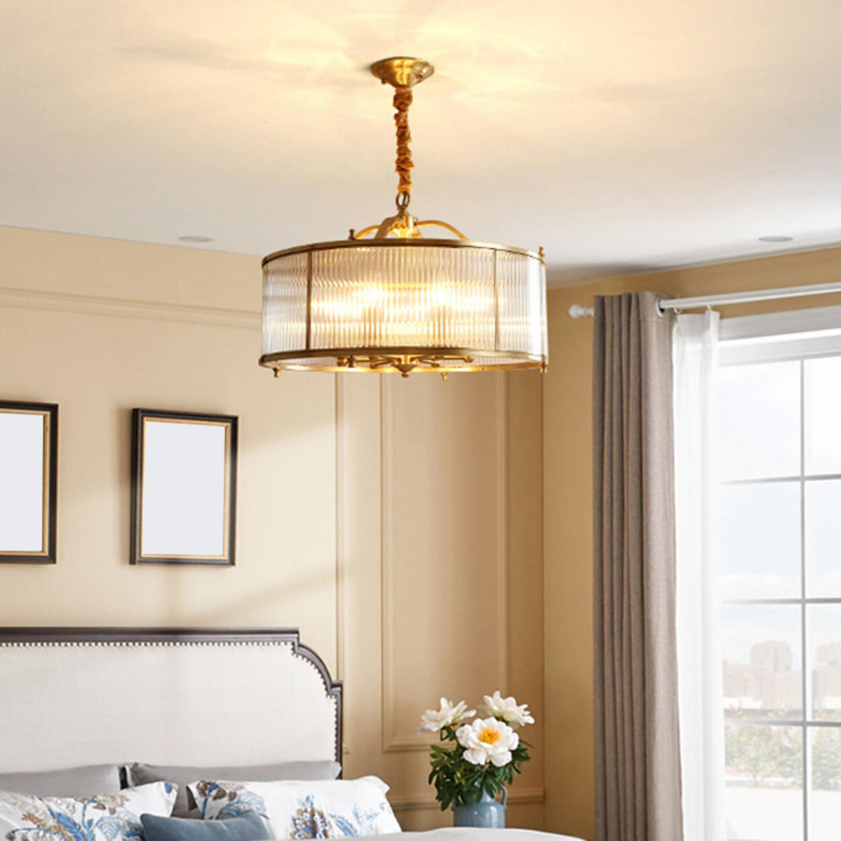 Classic Gold Drum Glass Pendant Light Chandelier Image - 15