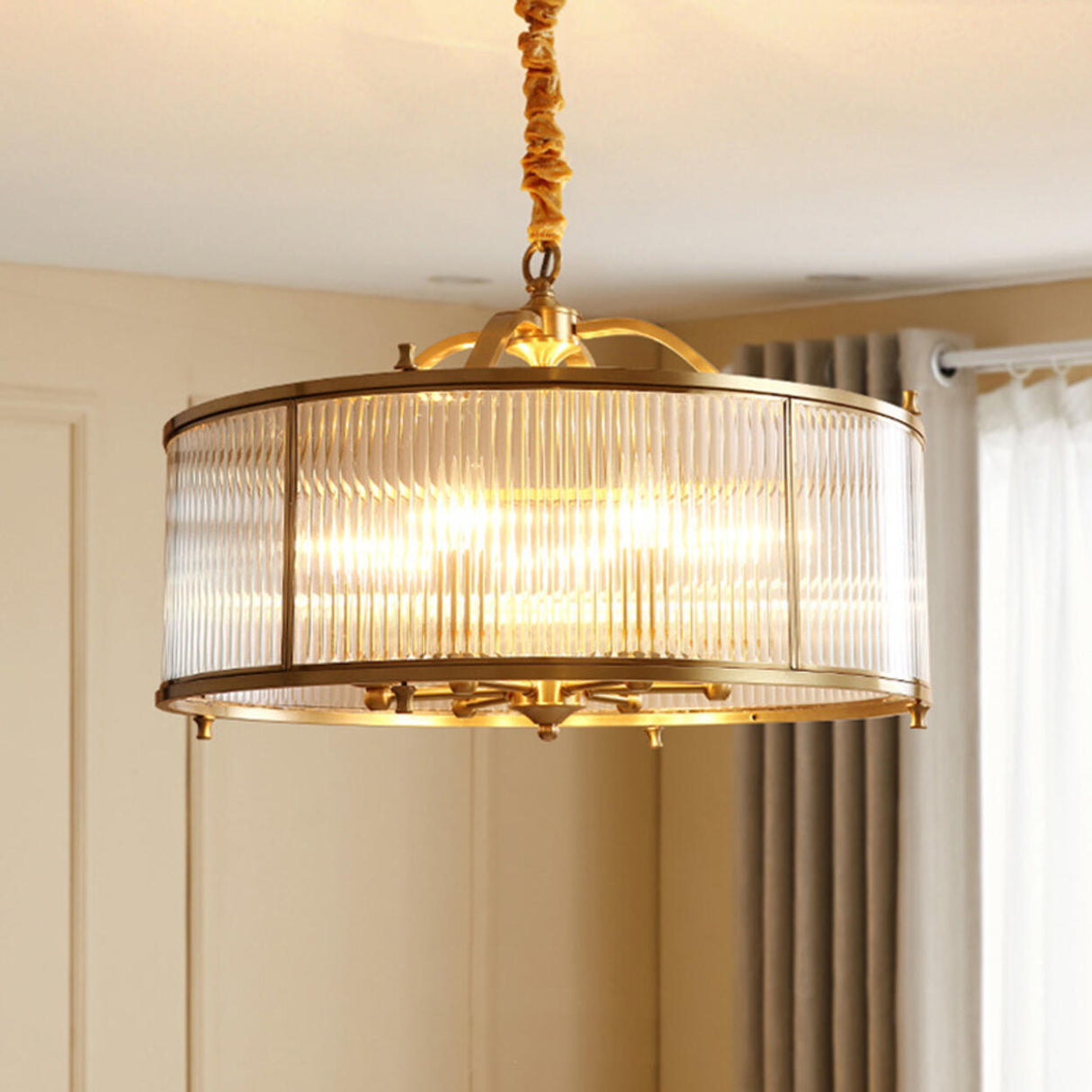 Classic Gold Drum Glass Pendant Light Chandelier Image - 4