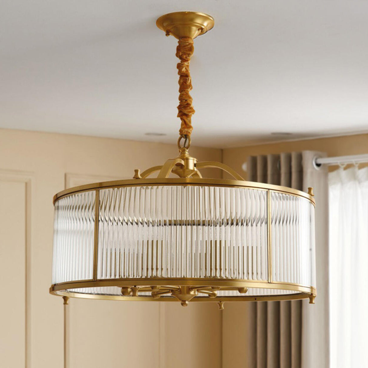 Classic Gold Drum Glass Pendant Light Chandelier Image - 6
