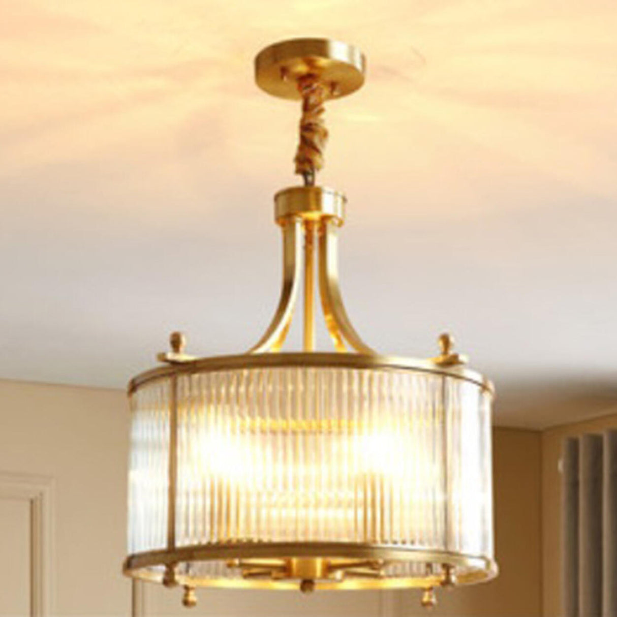 Classic Gold Drum Glass Pendant Light Chandelier Image - 7