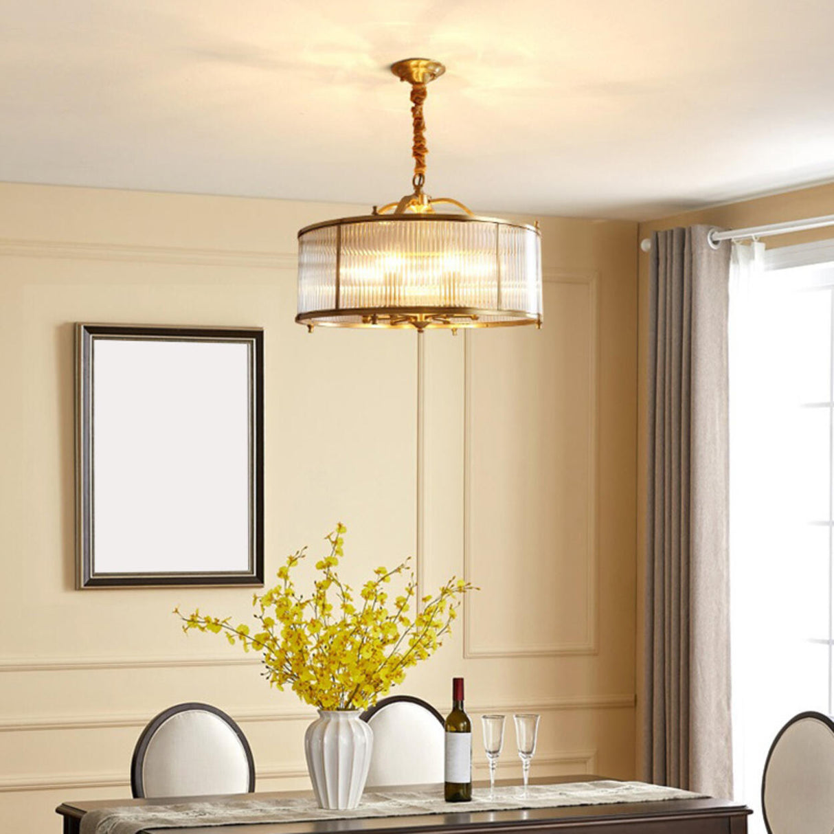 Classic Gold Drum Glass Pendant Light Chandelier Image - 8