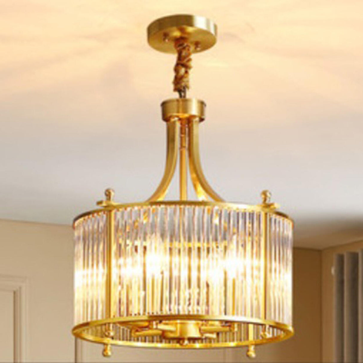 Classic Gold Drum Glass Pendant Light Chandelier Image - 9