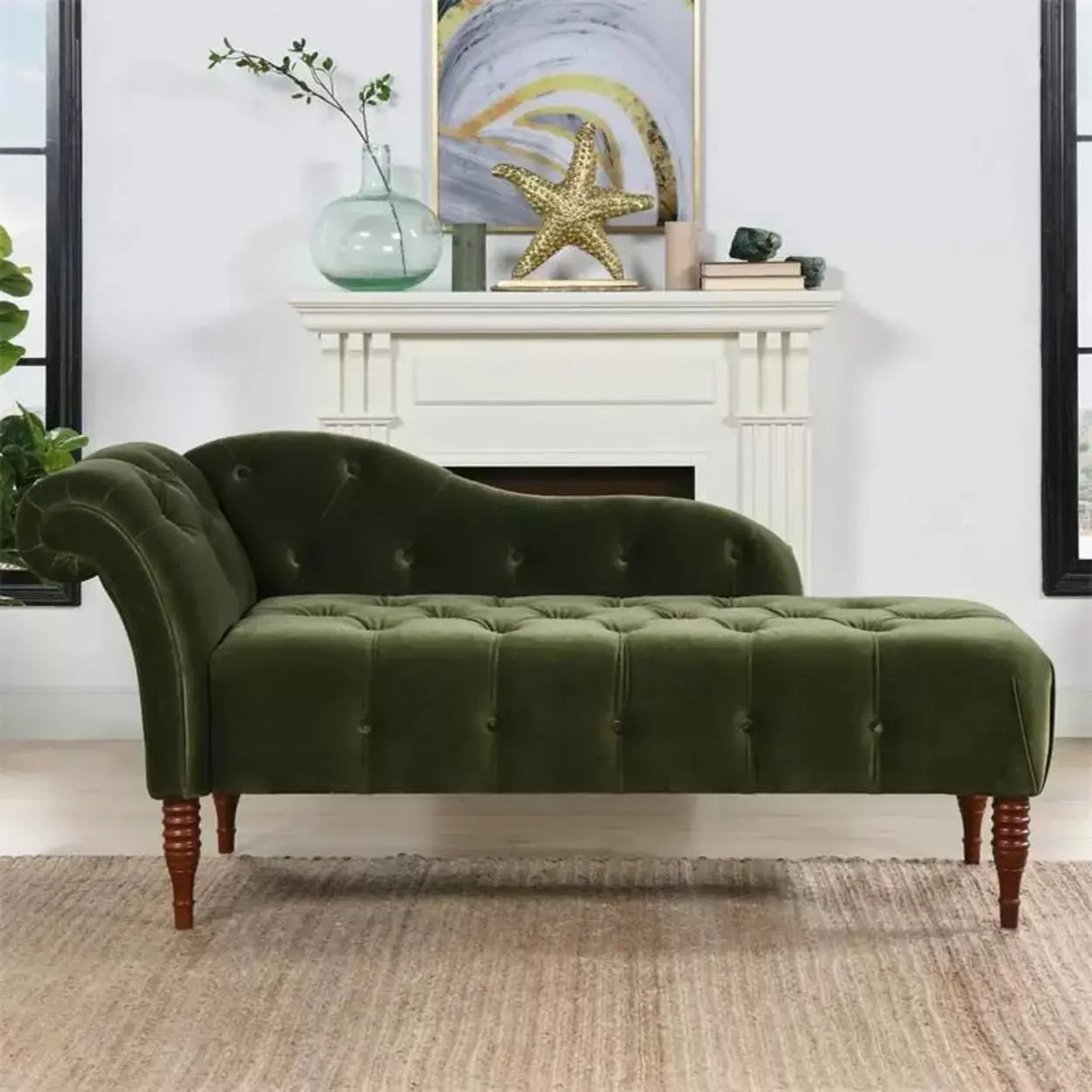 Classic Green Tufted Wooden Frame Left-Arm Chaise Image - 1