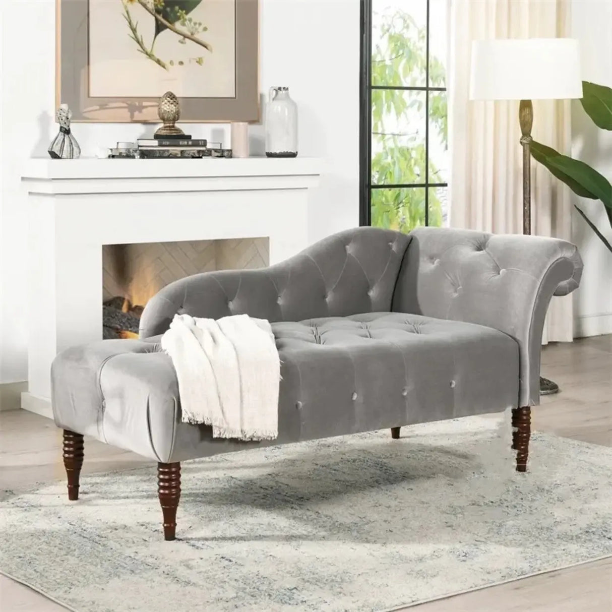 Classic Green Tufted Wooden Frame Left-Arm Chaise Image - 3