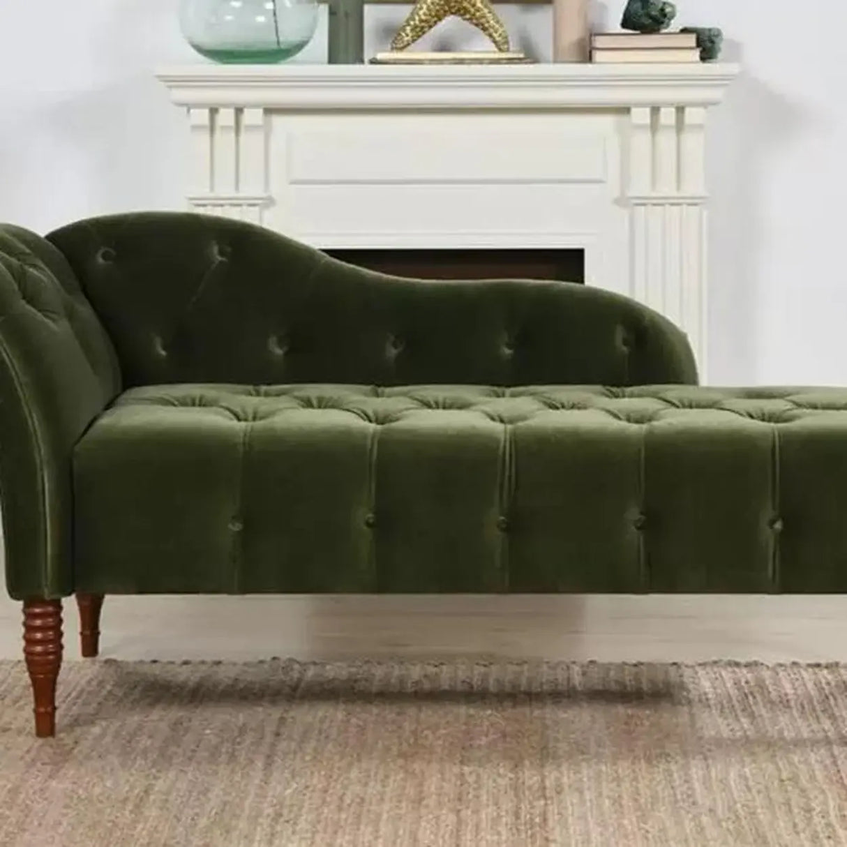 Classic Green Tufted Wooden Frame Left-Arm Chaise Image - 7