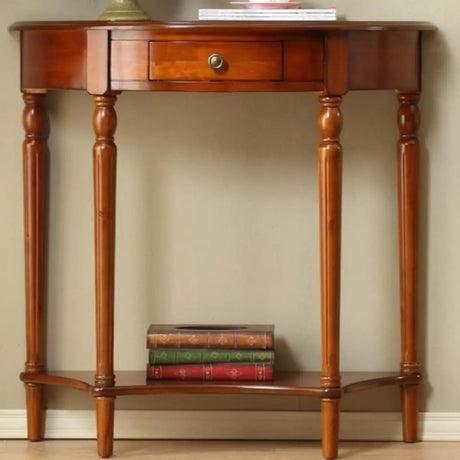 Classic Half Moon Wood Brown Console Table with Shelf Image - 1