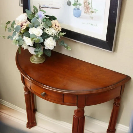 Classic Half Moon Wood Brown Console Table with Shelf Image - 2