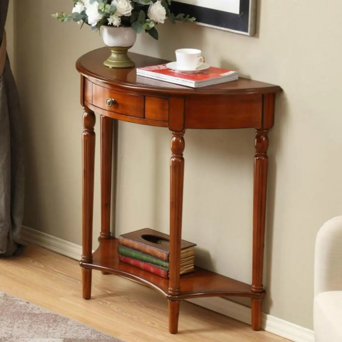 Classic Half Moon Wood Brown Console Table with Shelf Image - 3
