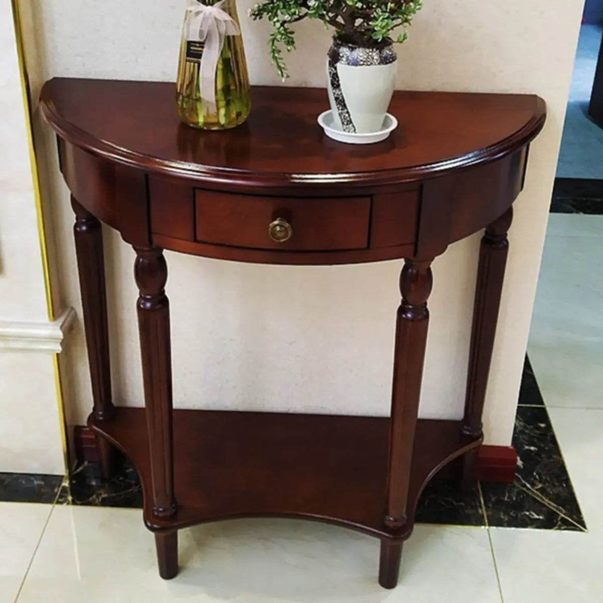 Classic Half Moon Wood Brown Console Table with Shelf Image - 4