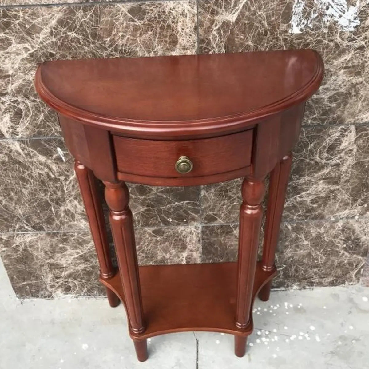 Classic Half Moon Wood Brown Console Table with Shelf Image - 5