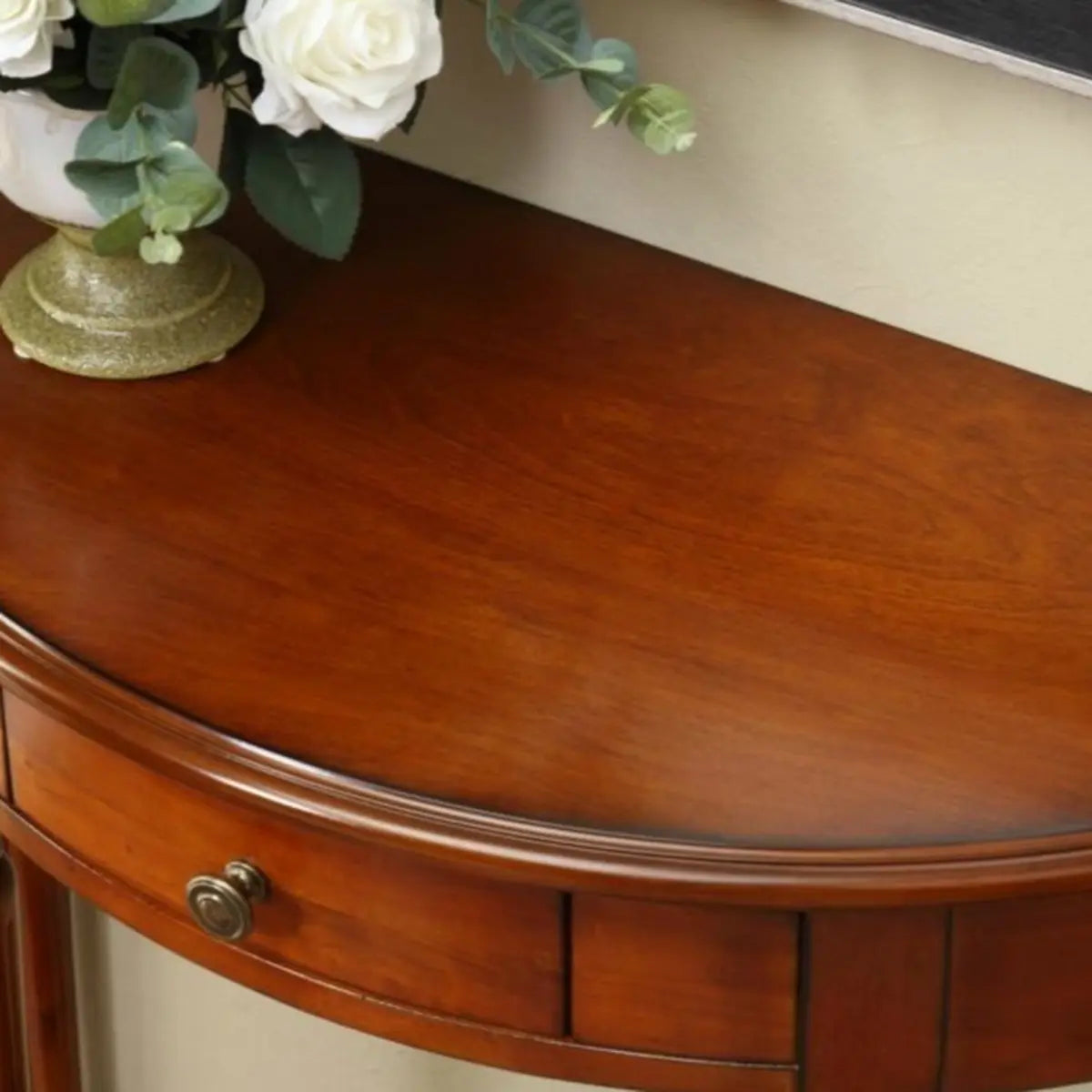 Classic Half Moon Wood Brown Console Table with Shelf Image - 6
