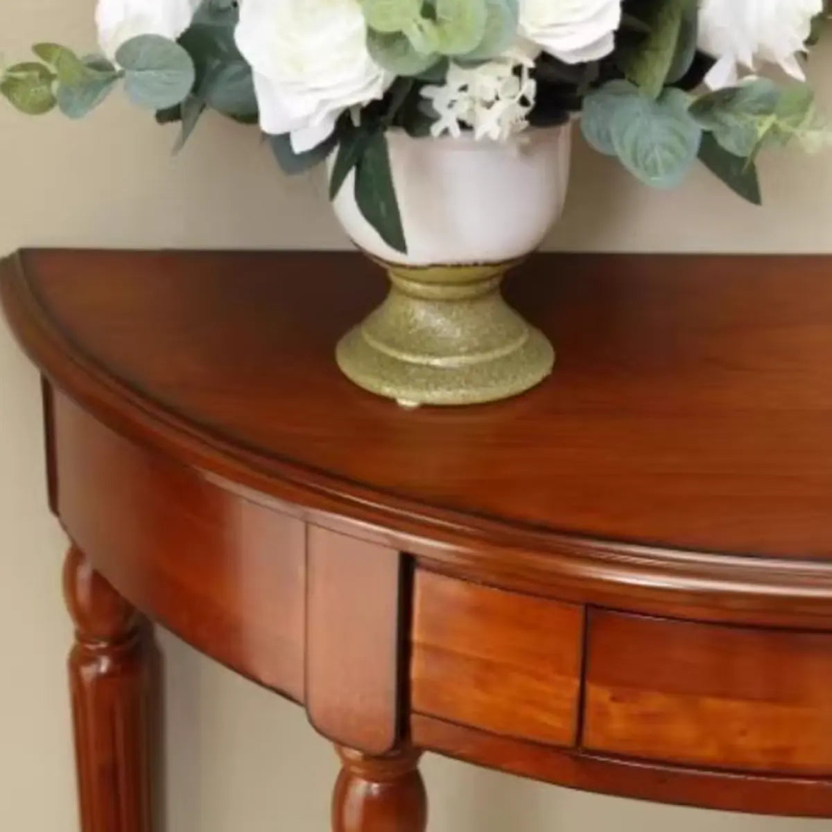 Classic Half Moon Wood Brown Console Table with Shelf Image - 7
