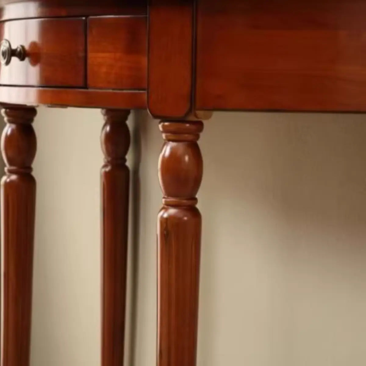 Classic Half Moon Wood Brown Console Table with Shelf Image - 8