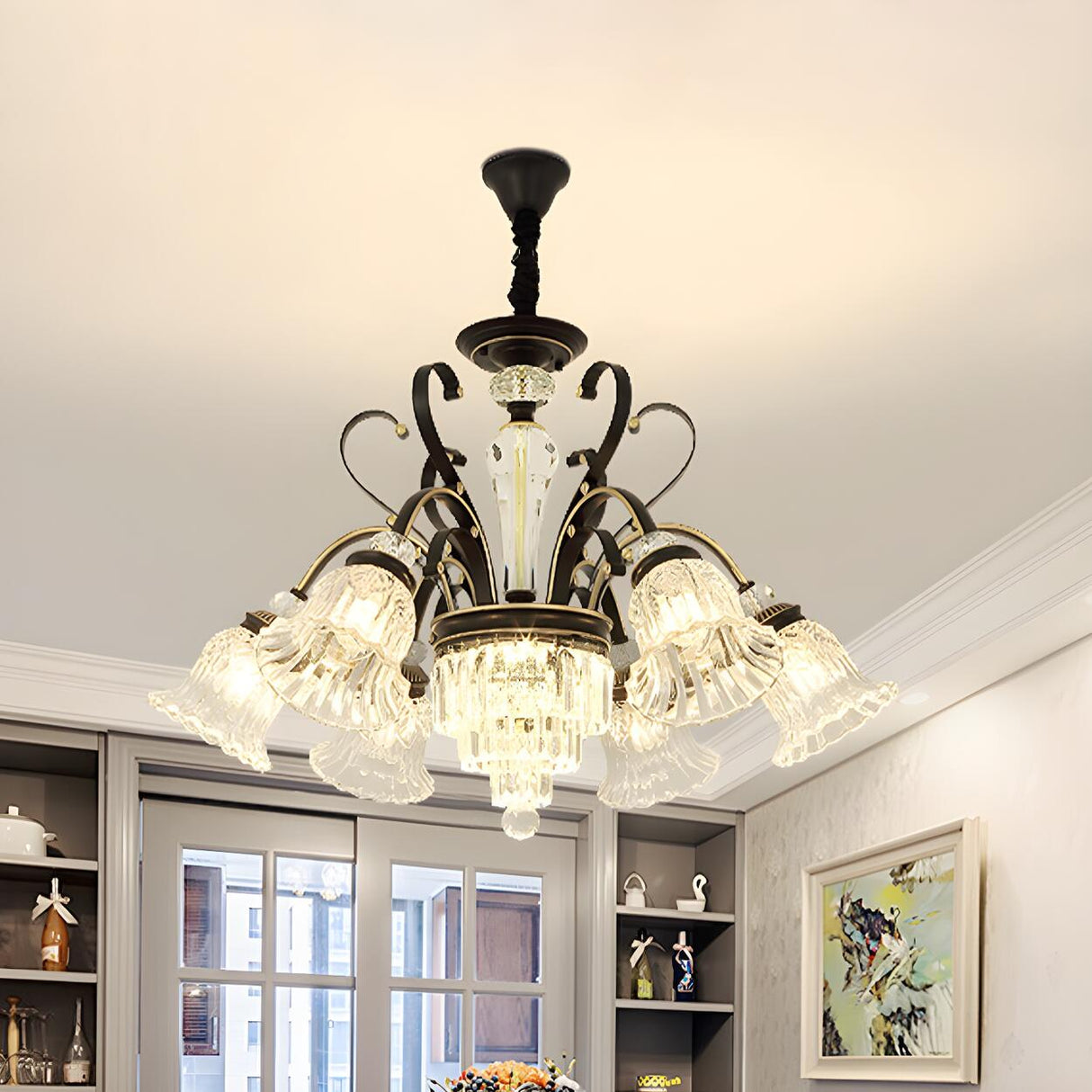 Classic Living Room Clear Glass Bell Floral Round Chandelier Image - 4