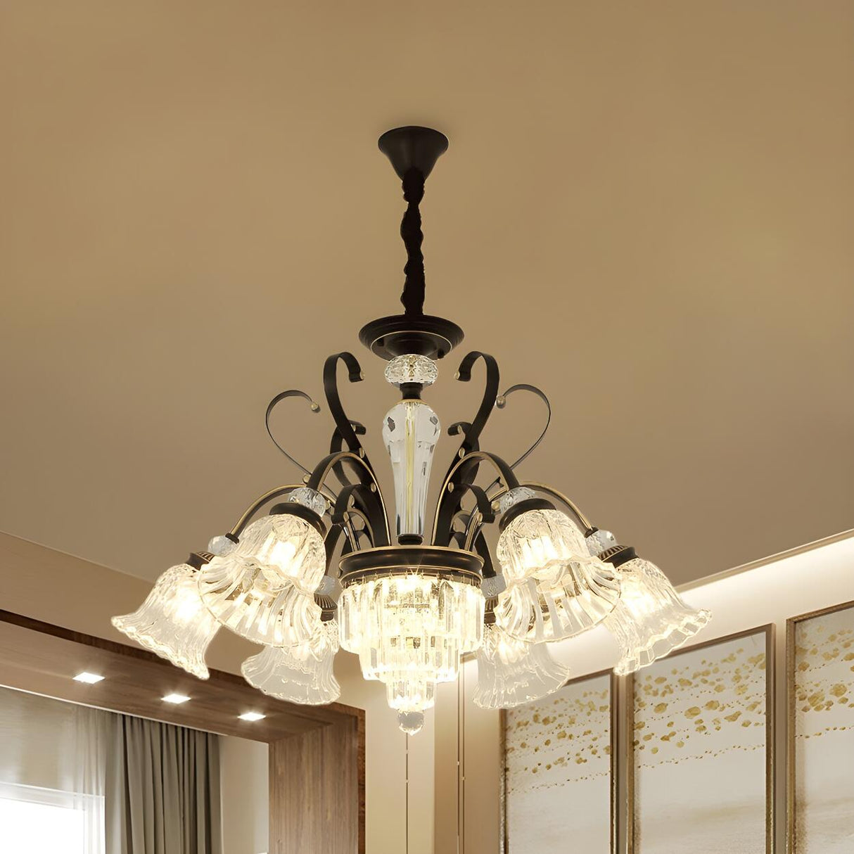 Classic Living Room Clear Glass Bell Floral Round Chandelier Image - 5