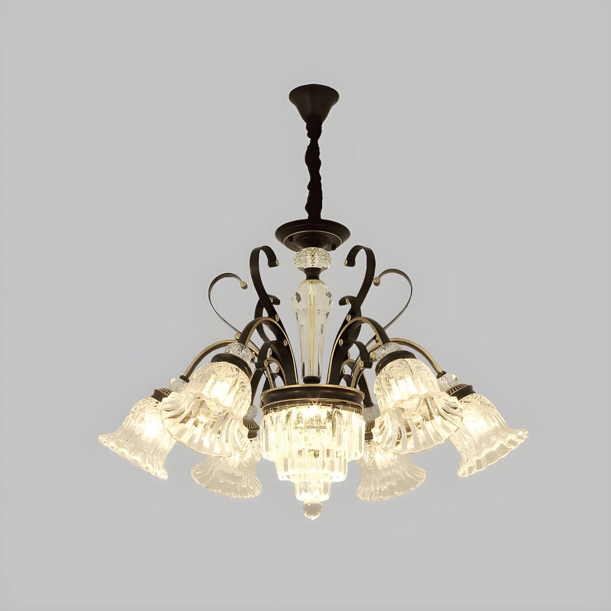 Classic Living Room Clear Glass Bell Floral Round Chandelier Image - 7