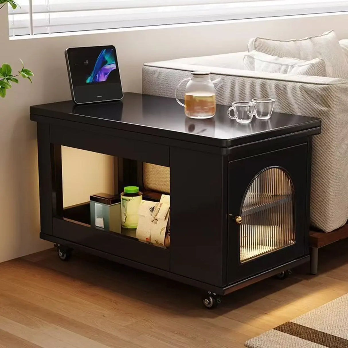 Classic Mobile Foldable Brown Wood Side Table with Storage Image - 3