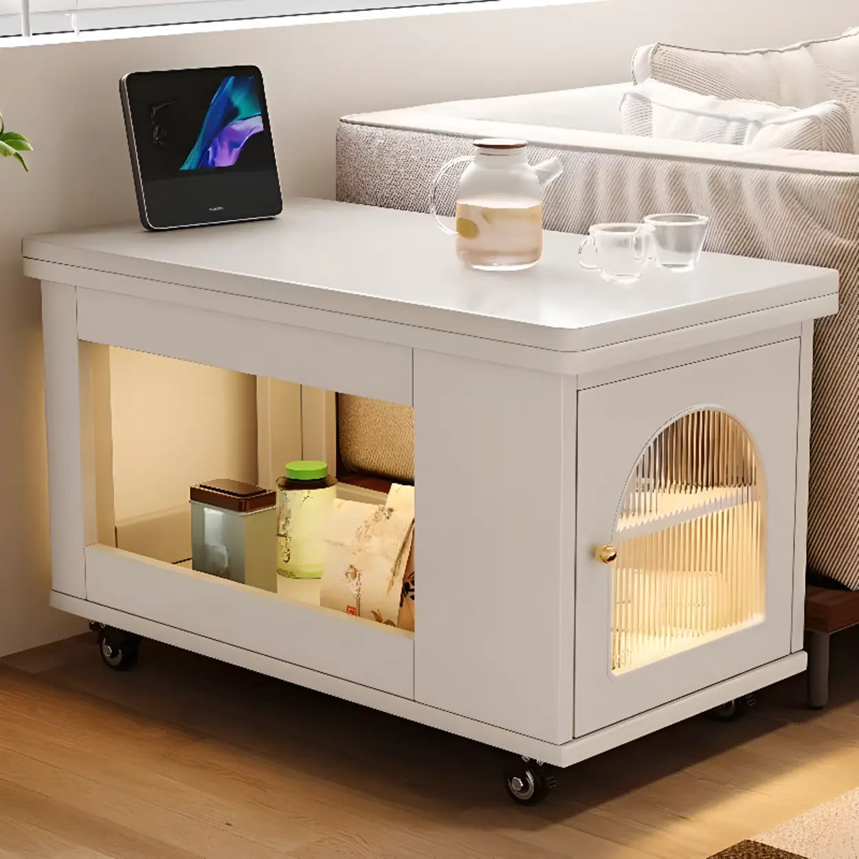 Classic Mobile Foldable Brown Wood Side Table with Storage Image - 5