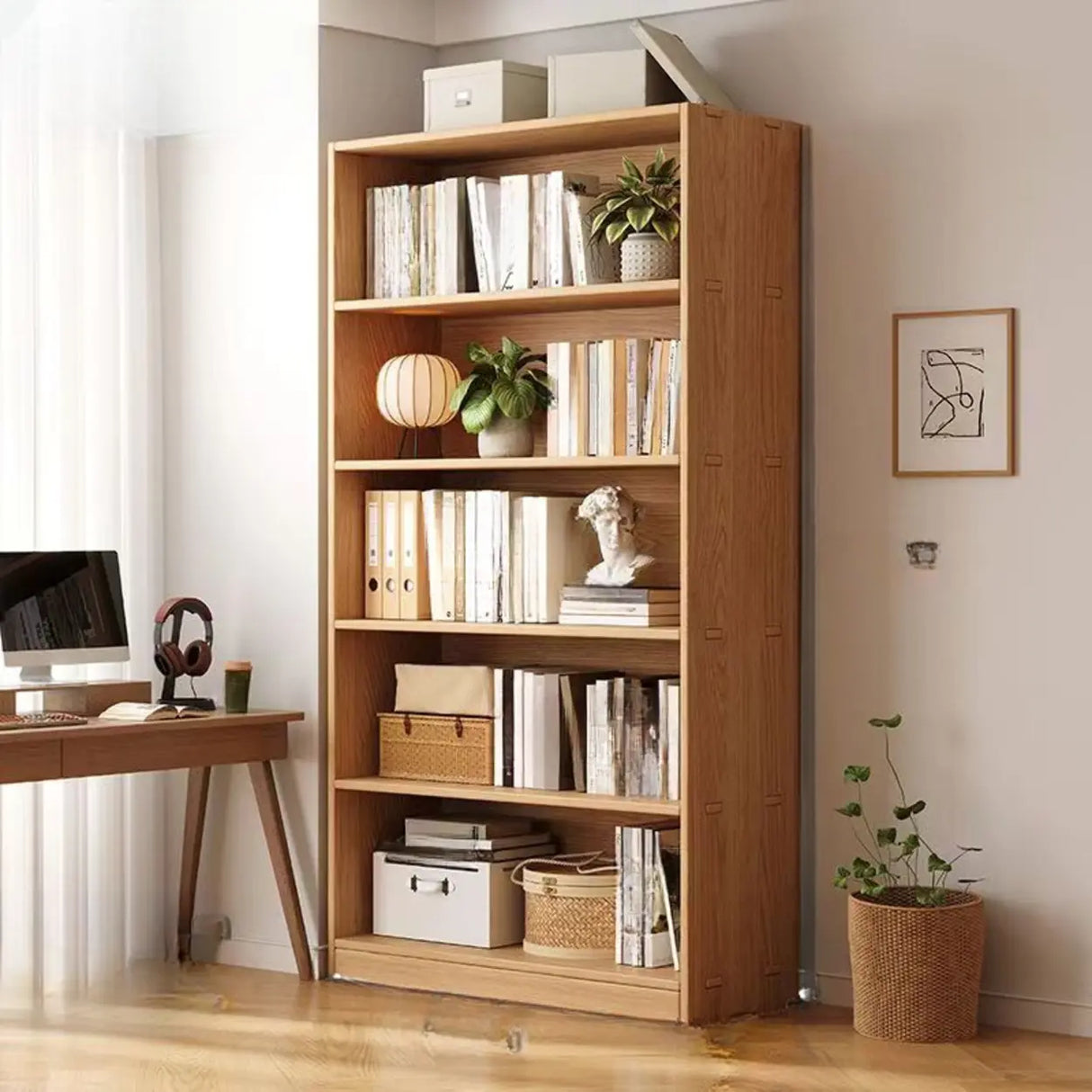 Classic Natural Finish Wood Vertical Storage Bookcase Image - 11