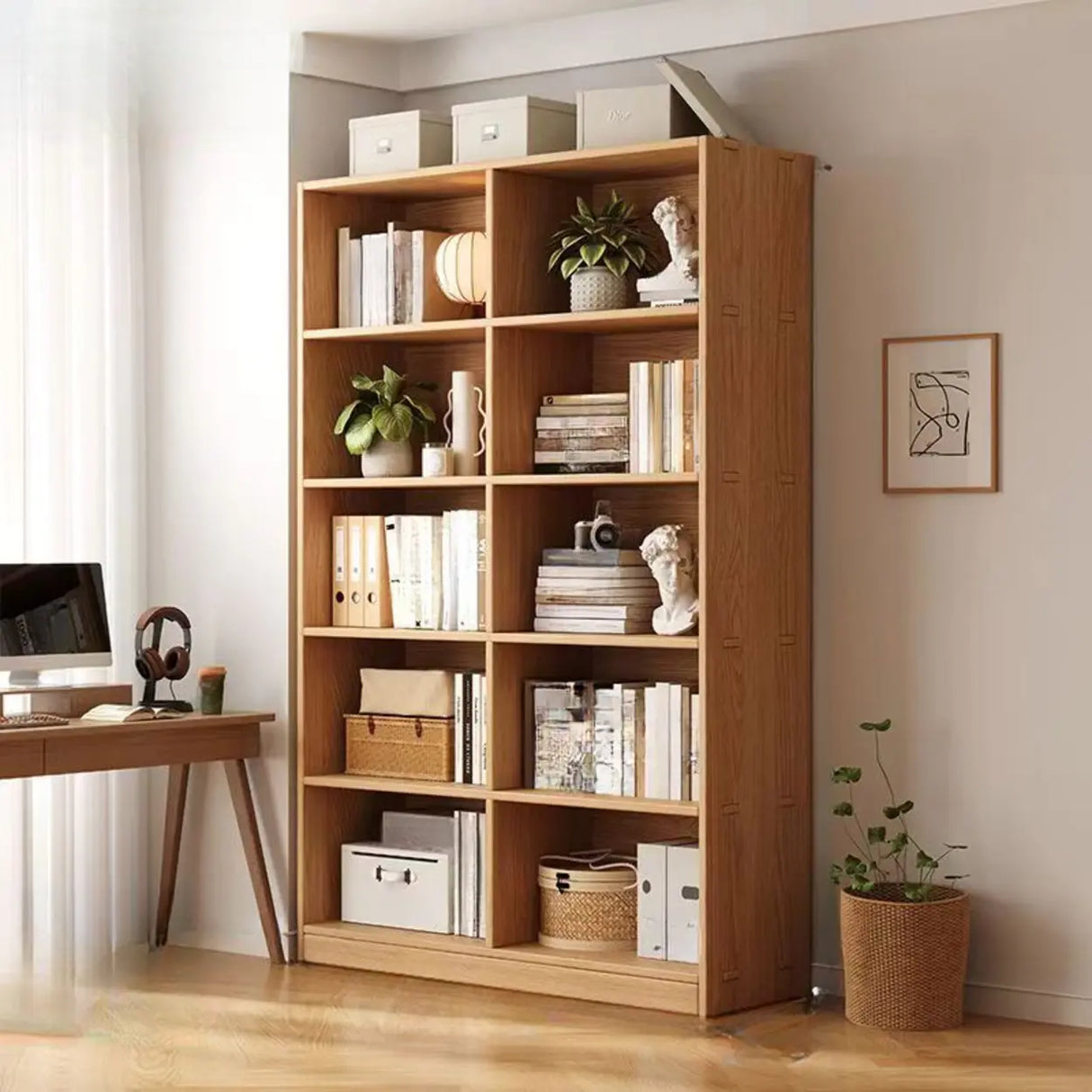 Classic Natural Finish Wood Vertical Storage Bookcase Image - 15