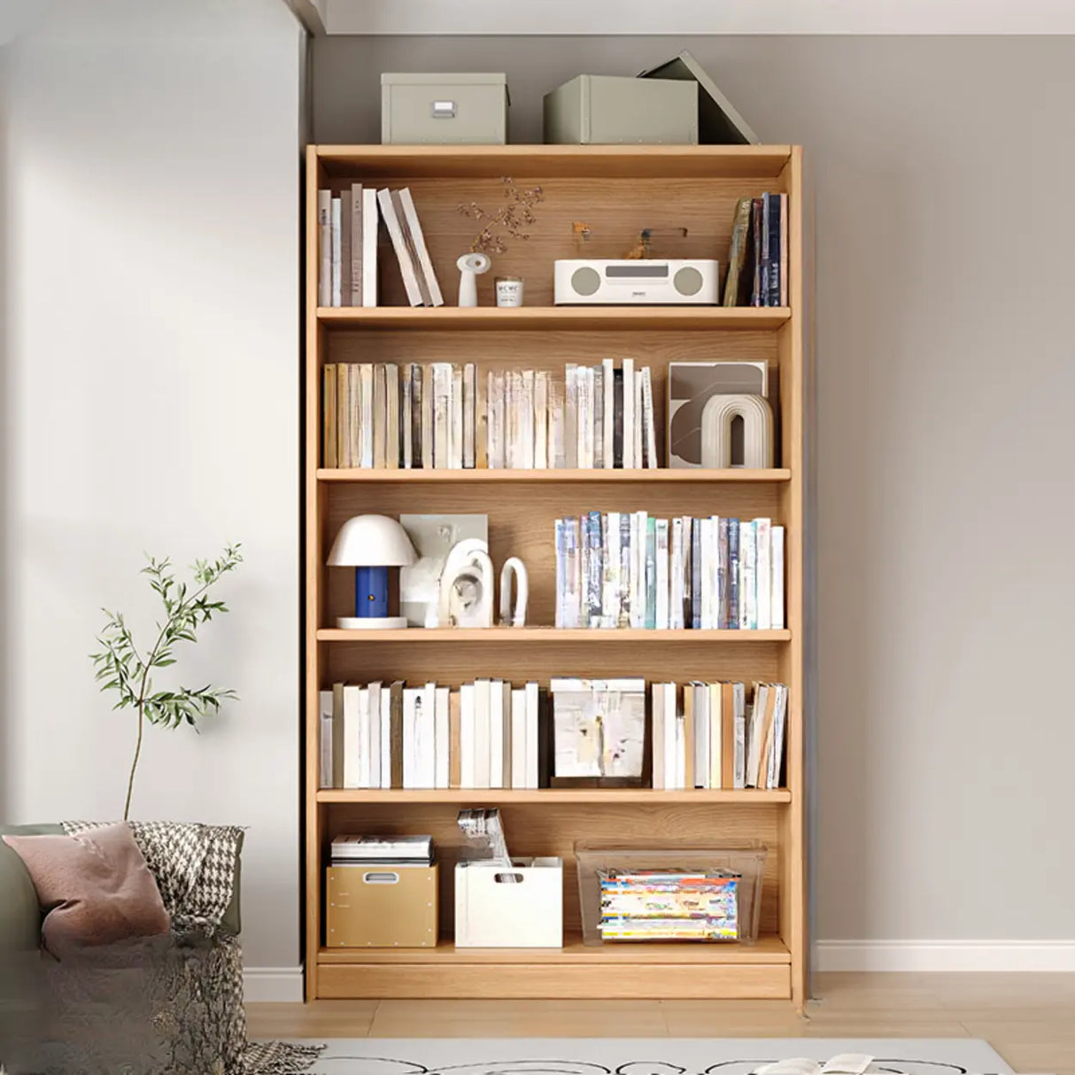 Classic Natural Finish Wood Vertical Storage Bookcase Image - 6