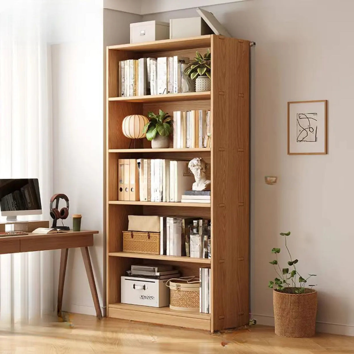 Classic Natural Finish Wood Vertical Storage Bookcase Image - 9