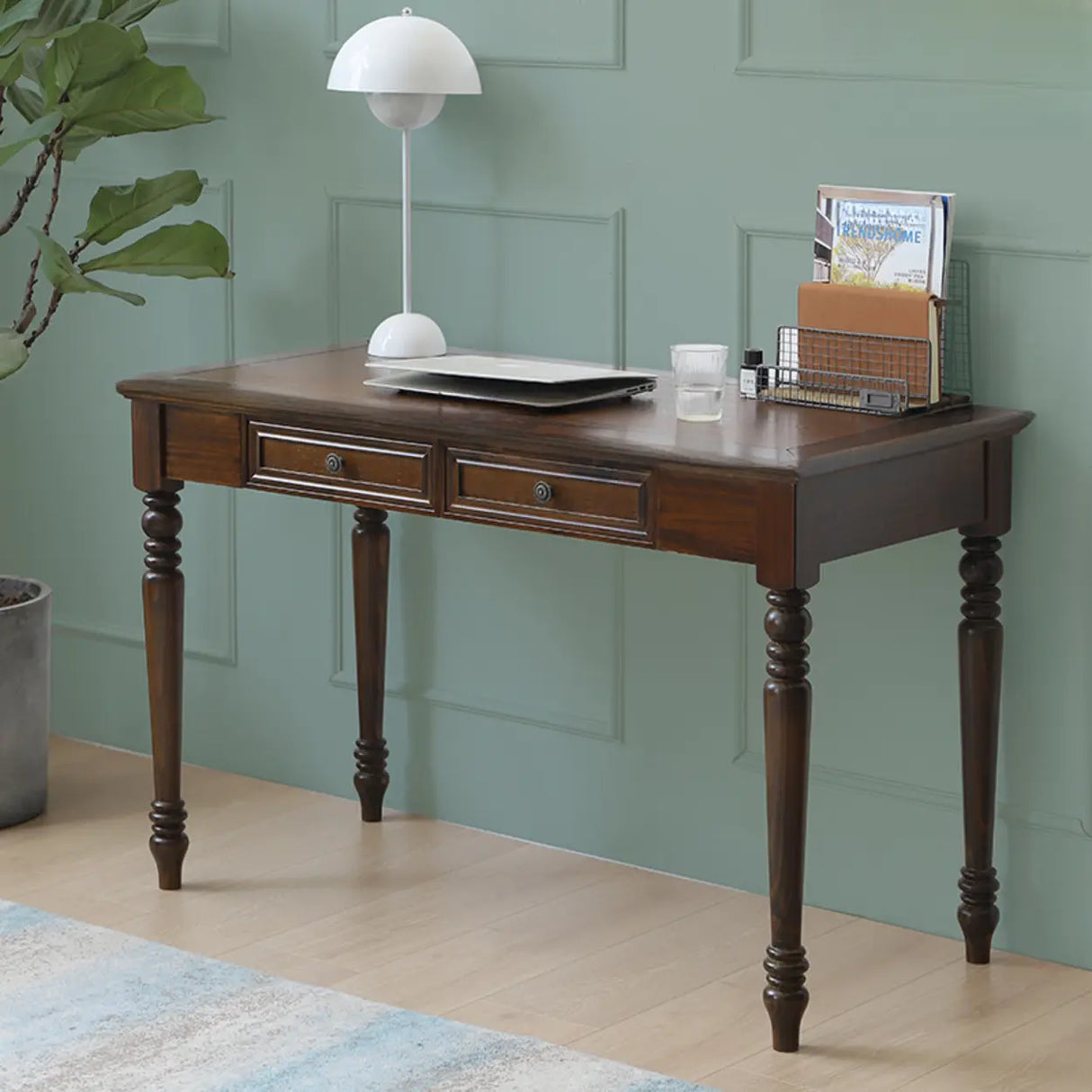 Classic Nut-Brown Wood Drawers Computer Desk Image - 10