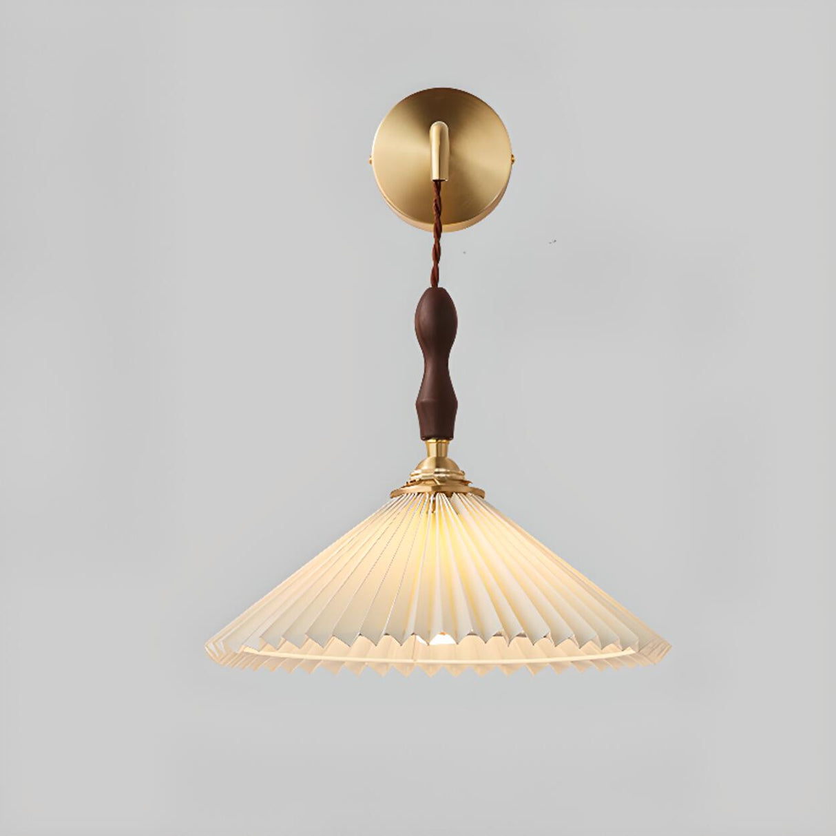 Classic Pleated Shade Walnut Metal Cone Wall Sconce Image - 12