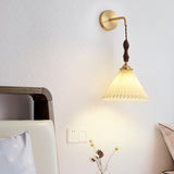 Classic Pleated Shade Walnut Metal Cone Wall Sconce Image - 3