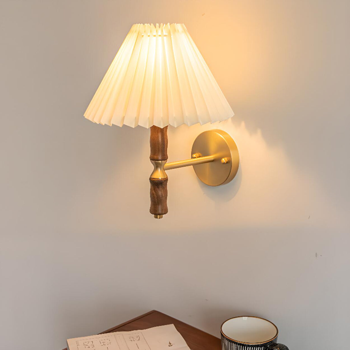 Classic Pleated Shade Walnut Metal Cone Wall Sconce Image - 4