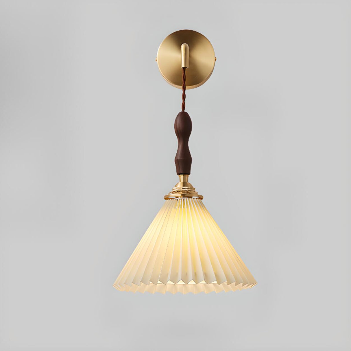 Classic Pleated Shade Walnut Metal Cone Wall Sconce Image - 8